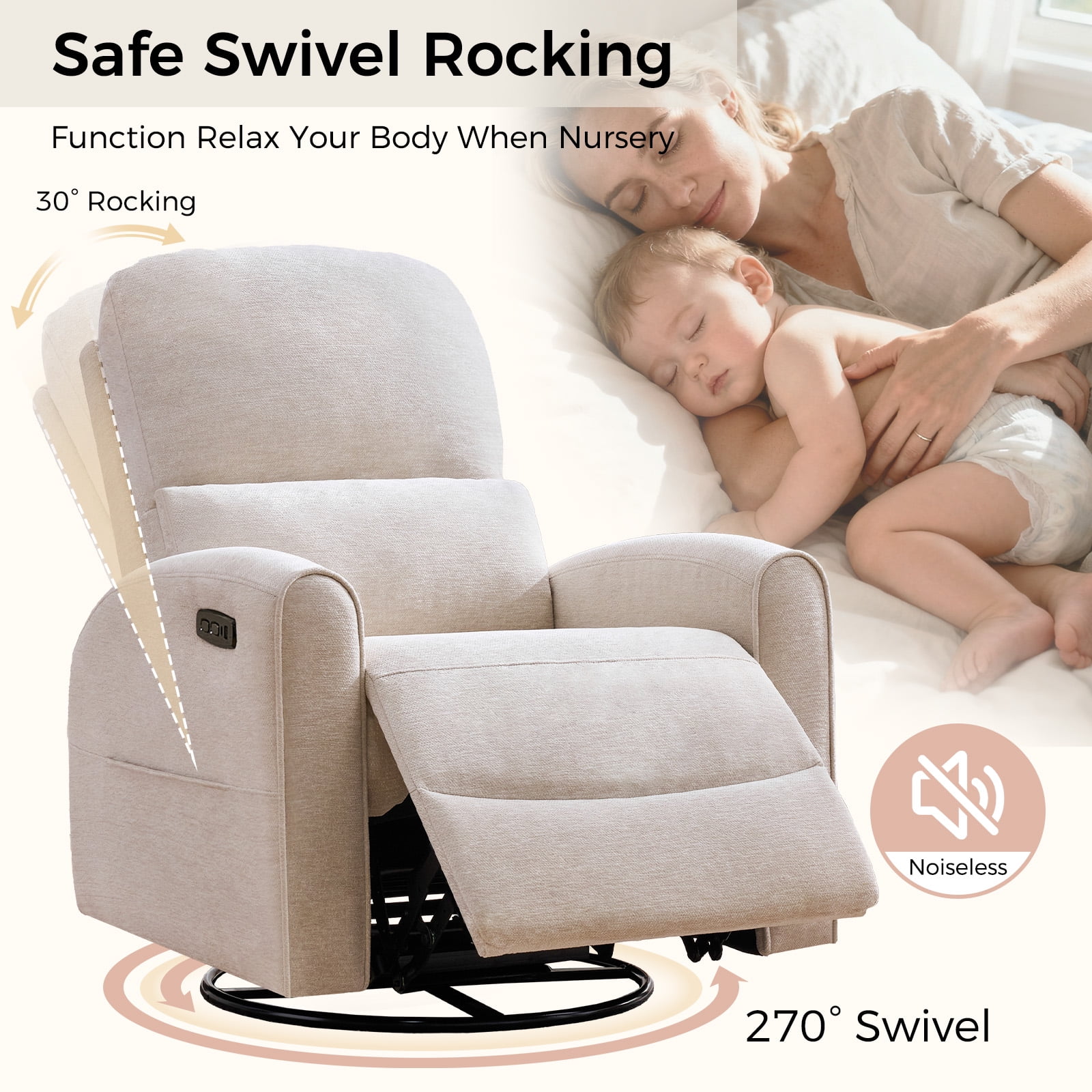 Aemeios Power Recliner Swivel Rocker Glider Chair Chenille Nursery Recliner, Camel