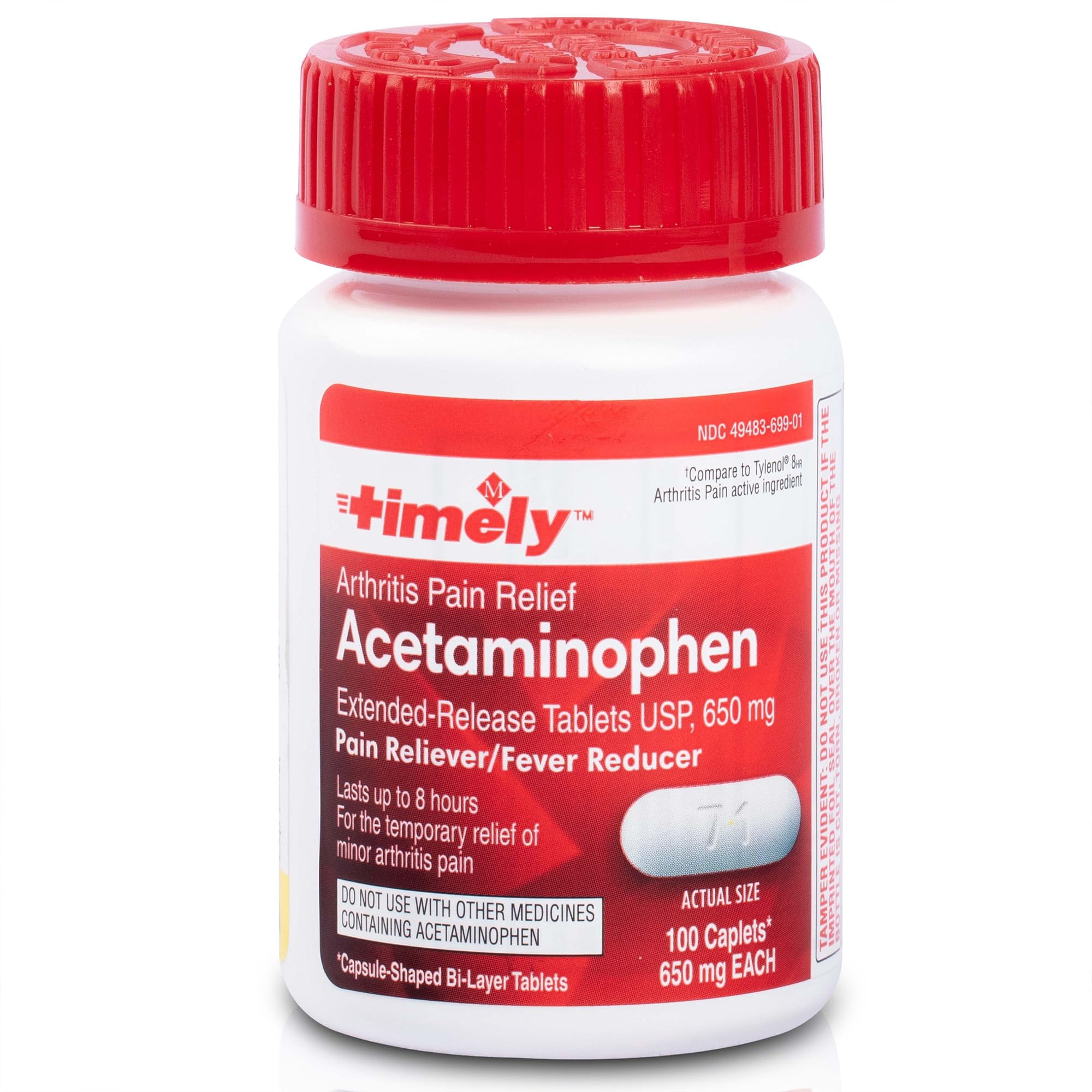 Timely Acetaminophen 650 MG - 100 Caplets - Extended Release - Compared to Tylenol 8 HR Arthritis Pain Active Ingredient - Joint Pain Relief, Pain Reliever & Arthritis Pain Relief