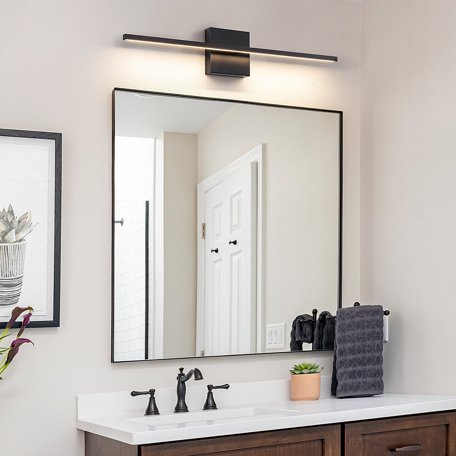 KAISITE Modern Bathroom Vanity Light 24 inch, Dimmable Black Bathroom Light Fixtures for Bathroom Wall Sconce with 3500K Warm Light Bedroom