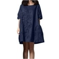 thumbnail image 2 of Mrasaso Free Shipping! Spring Dresses for Women 2025,Women Solid Color Embroidered Round Neck Short Sleeved Linen Dress,Casual & Elegant for the SeasonDark Blue M, 2 of 9