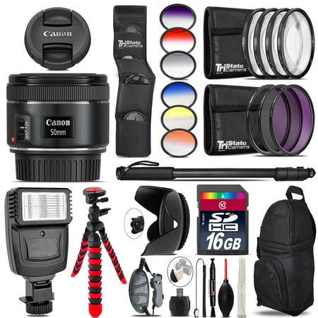 Canon EF 50mm f/1.8 STM Lens + Flash + Color Filter Set - 16GB Accessory Kit (International Version)