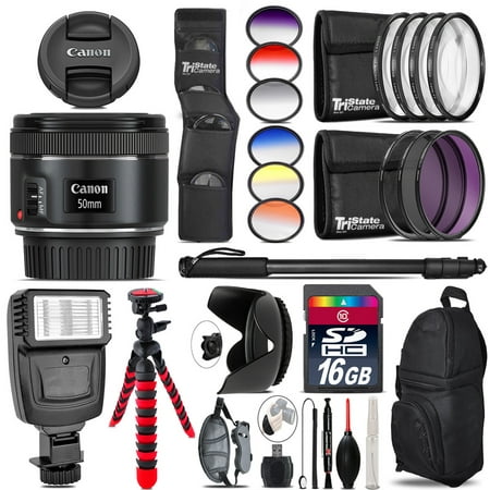 Canon EF 50mm f/1.8 STM Lens + Flash + Color Filter Set - 16GB Accessory (The Best 50mm Lens For Canon)