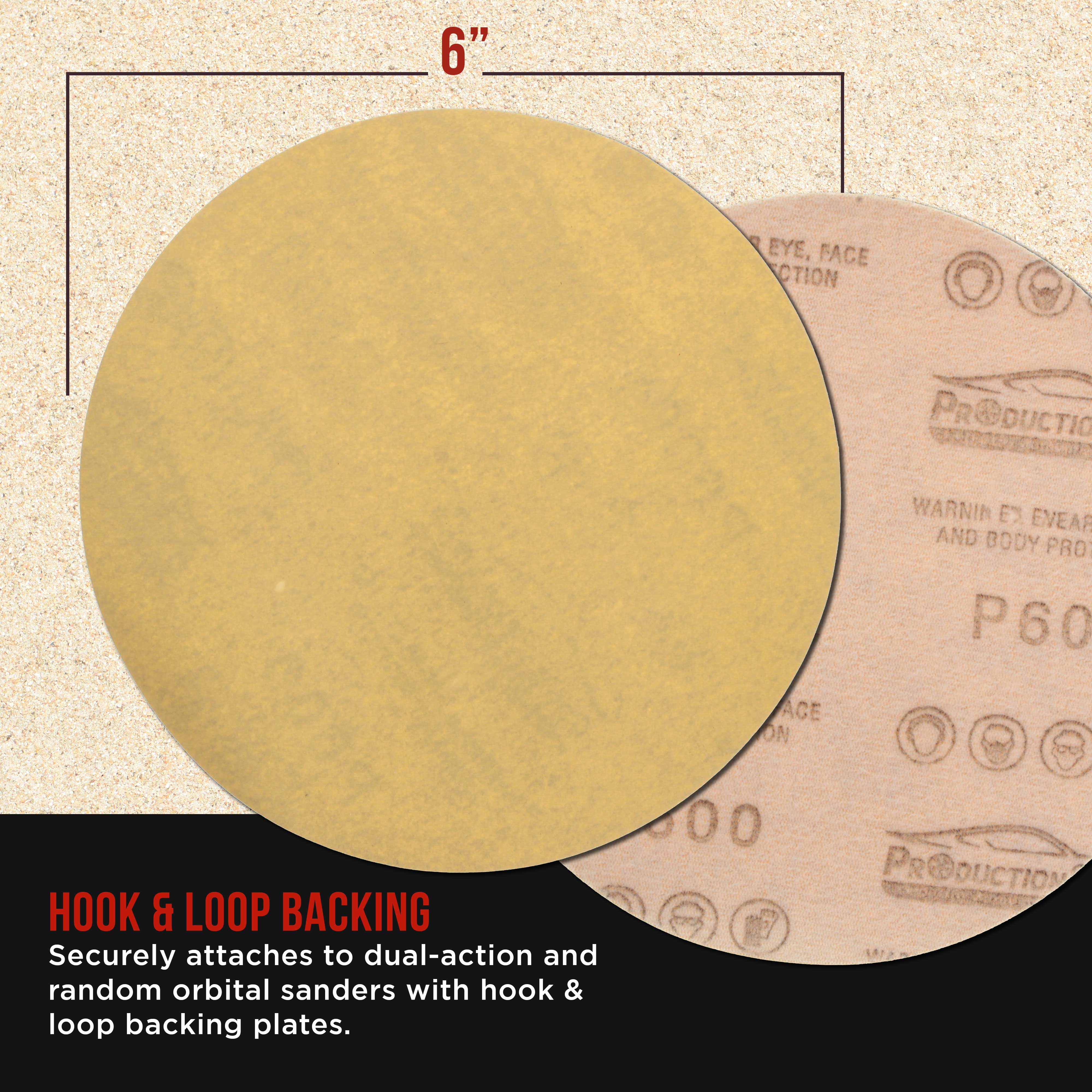 ProductionShop Premium 600 Grit 6" Gold Sanding Discs, Box of 100 - Hook & Loop Backing Abrasive Sandpaper for DA & Random Orbital Sanders - Sand Auto Paint, Metal, Wood, Woodworking Furniture