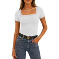 thumbnail image 2 of Ribbed Short Sleeve Tops for Women Square Neck Lace Trim Fitted Tight Shirts Casual Basic Tee Spring Clothes 2026 Trendy White L, 2 of 6