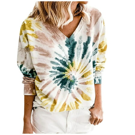 Women's Casual Loose V-neck Tie-dye Printed Long Sleeve Tops Office ...