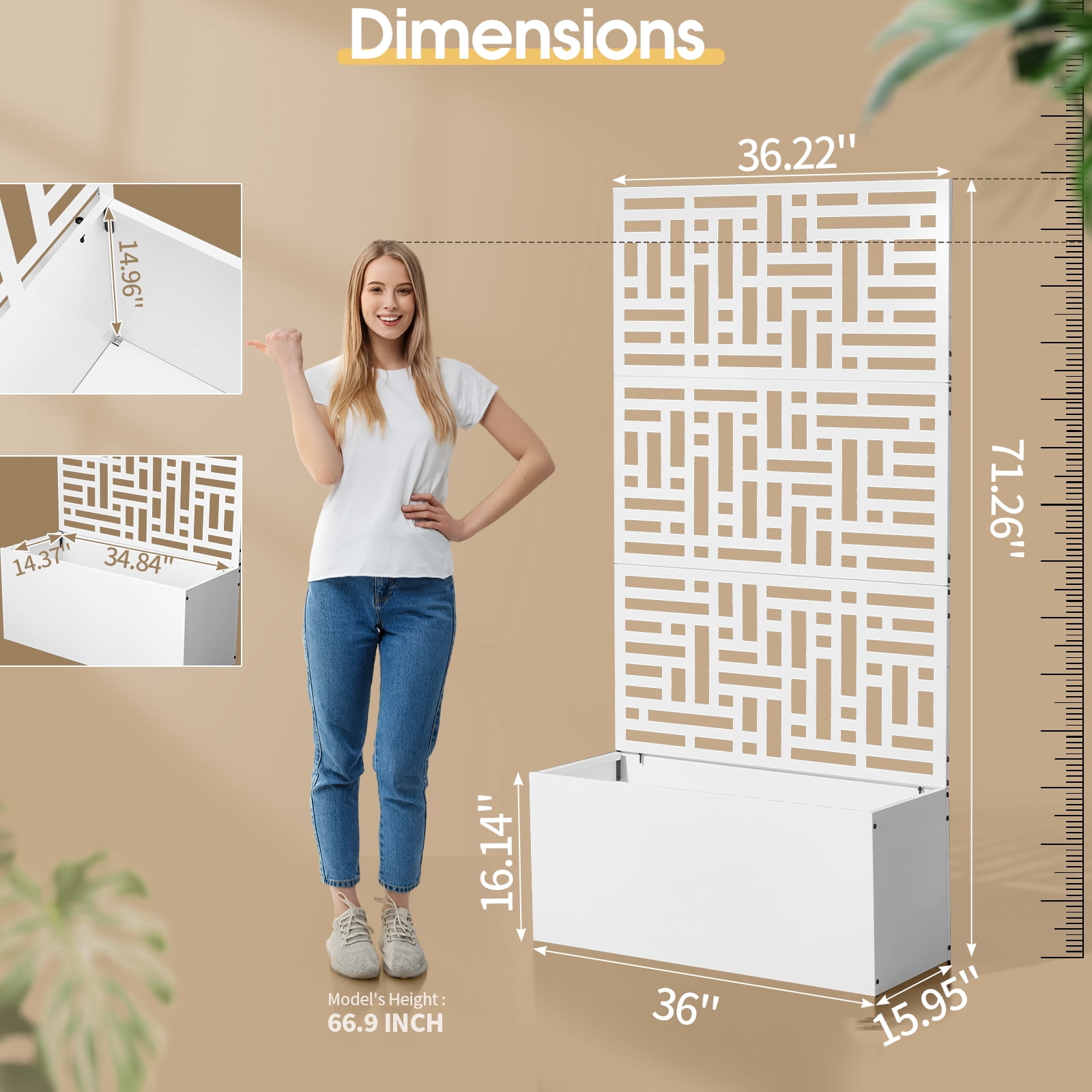 Zimtown 71'' Outside Raised Garden Bed with Drainage Holes, Free-Standing,for Vine Climbing Plants and Flowers, White