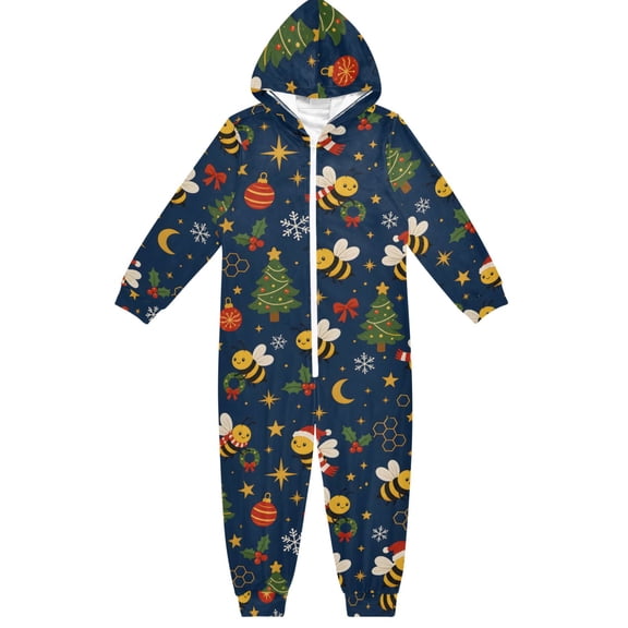 Christmas Bees Boys & Girls Hooded One-Piece Pajamas Warm Crystal velvet Hooded Long Sleeve Loungewear Jumpsuit Unisex