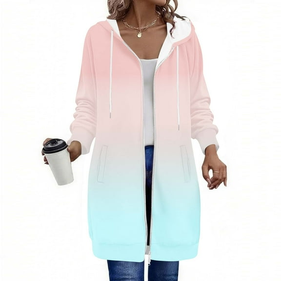 Zip Up Hoodies for Women Plus Size Fall Winter Fashion Casual Hooded Sweatshirts with Pocket Women's Casual Loose Solid Color Pocket Long Sleeved Double Zipper Hooded Sweatshirt Top