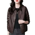 thumbnail image 4 of QUNYINEY Women's Faux Leather Jacket Brown Cropped Motorcycle Windbreaker Loose Fit Collar Long Sleeve Button Down Coat for Women, 4 of 5