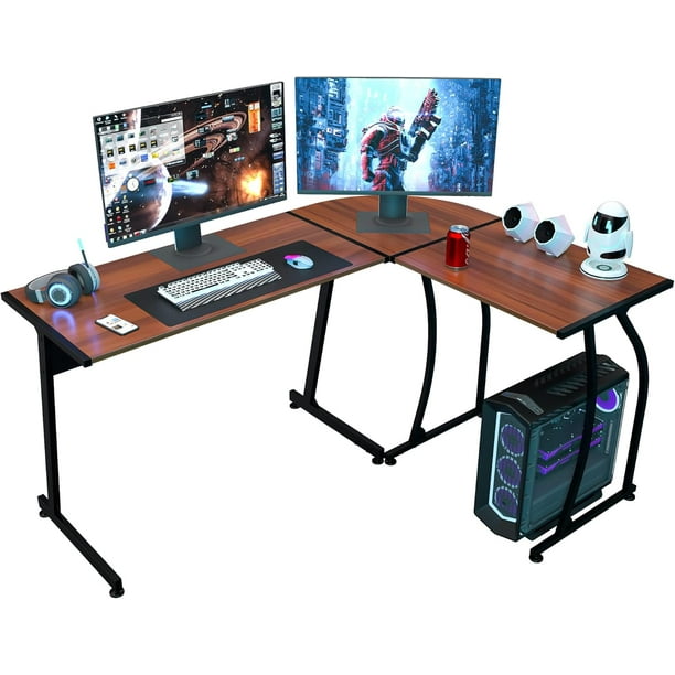 HHQHHQA L-Shaped Corner Desk Computer Gaming Desk - 58 Inch Modern Home PC Table Office Writing Workstation, Bright Walnut