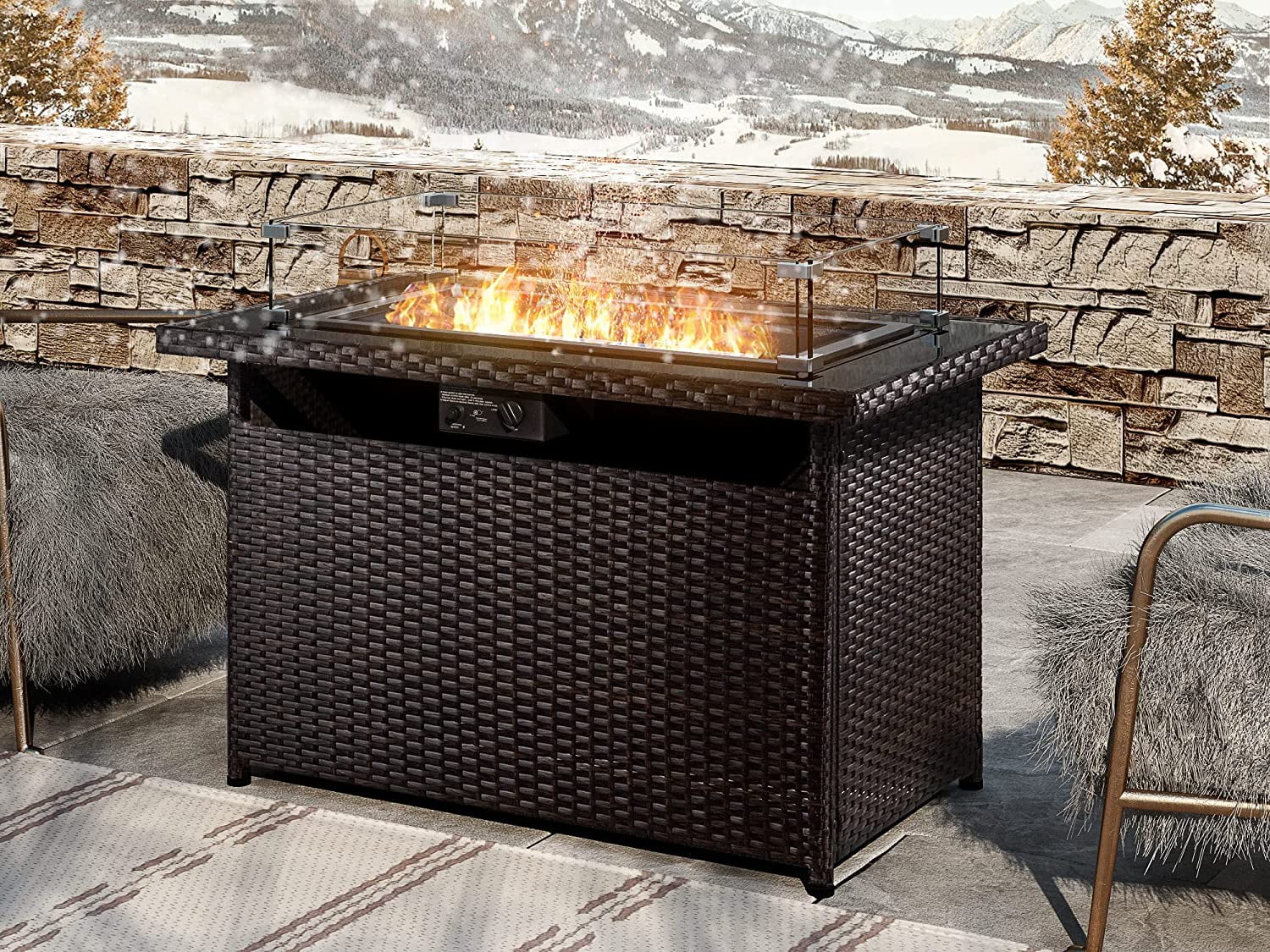 Patio Allewie Fire Table Poolside Deck Backyard Black 43 Inch 55,000 BTU PE Rattan Rectangular Propane Gas Fire Table with Glass Wind Guard and Cover for Garden 
