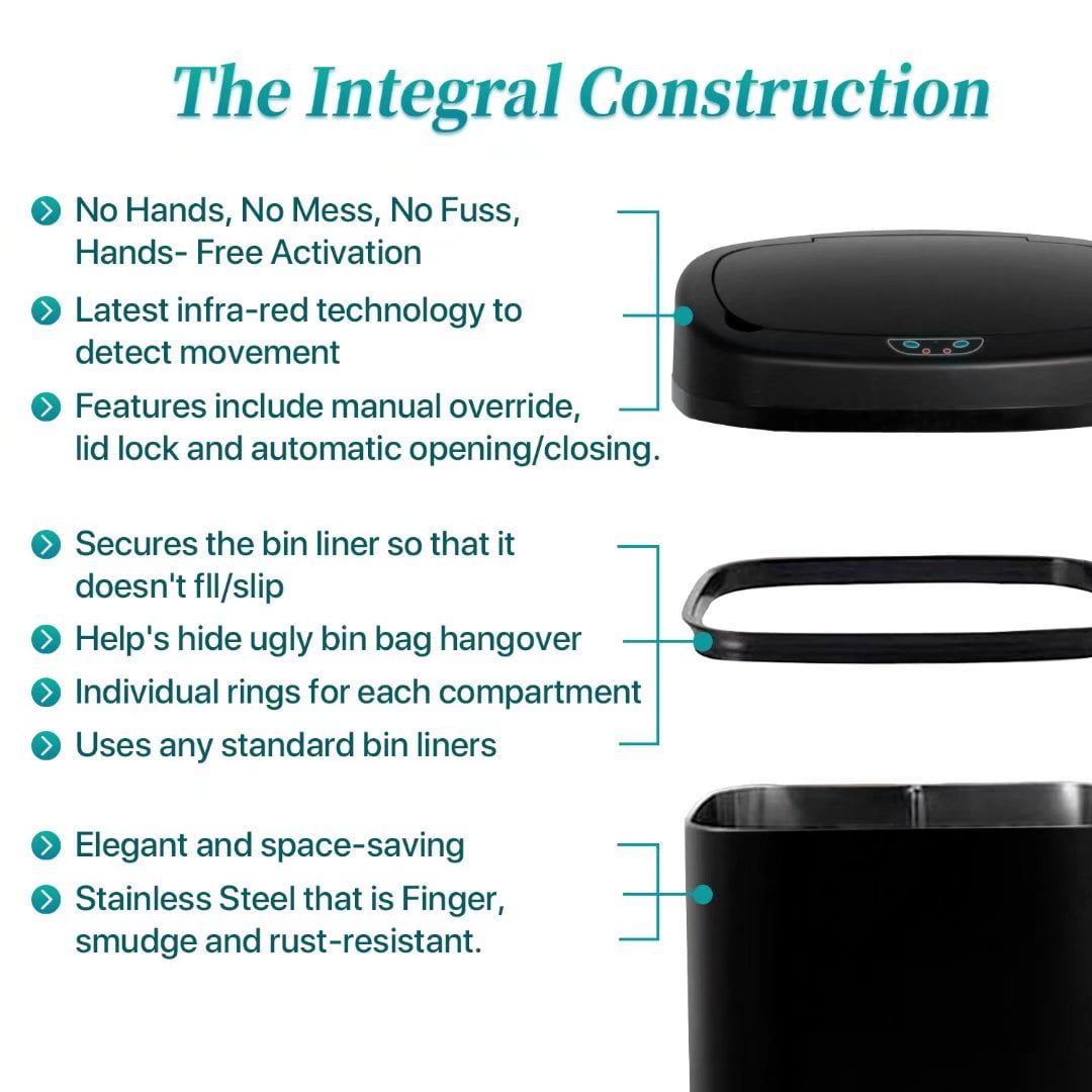 Kitchen Trash Can 13 Gallon Garbage Can, Sensor Trash Can Touchless Stainless Steel Trash Can, Brushed Dustbin 50 Liter Motion Trash Bin Metal Waste Bin with Lid for Home Bathroom Offic, Black