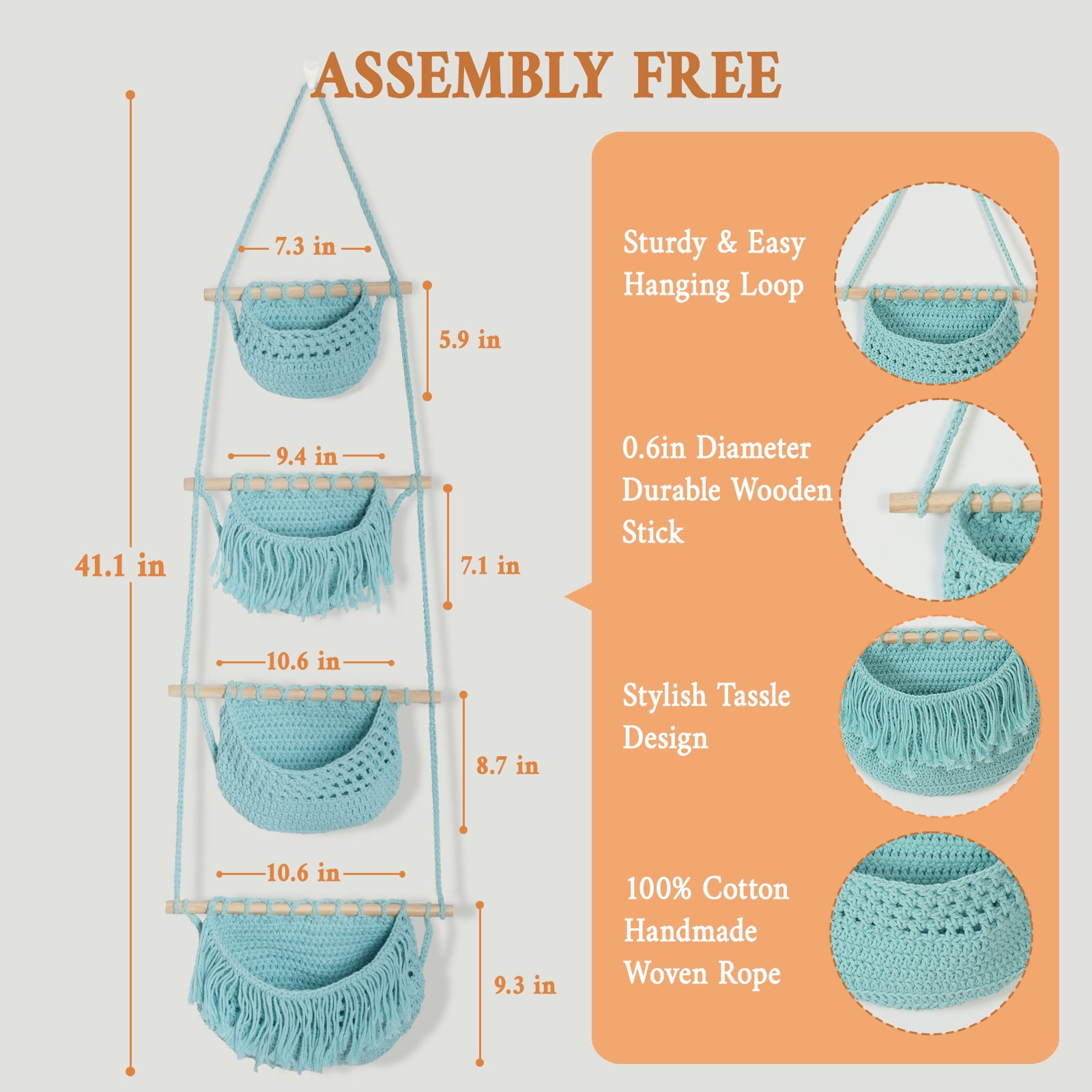 4 Tier Hanging Fruit Basket, Aqua Boho Handwoven Cotton Rope Macrame Fruit Storage for Kitchen Bathroom Bedroom, Detachable Wall Hanging Basket Over Door Organizer for Fruit Veggie Plant Decor