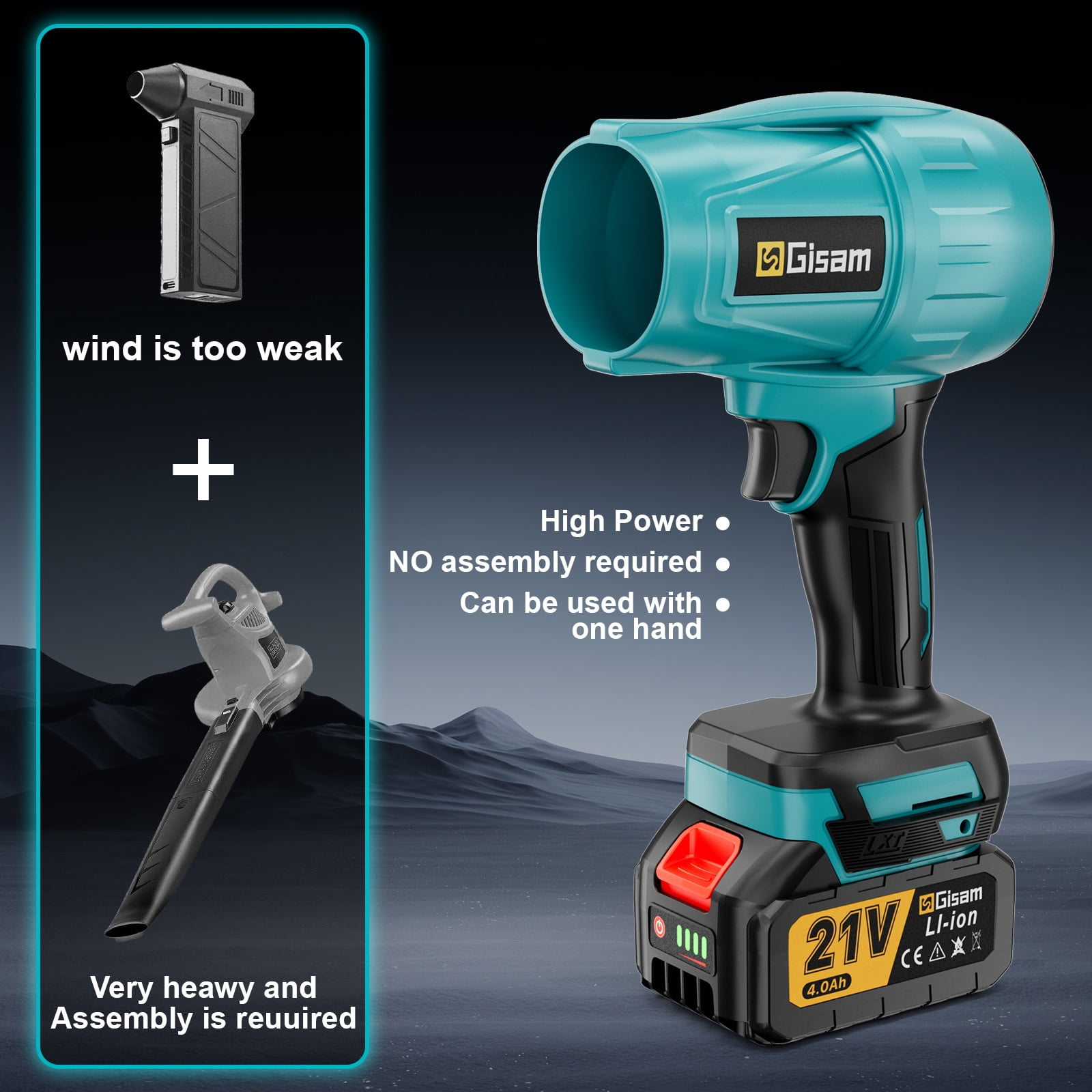 Gisam Electric Cordless Leaf Blower,128000RPM 447MPH   Handheld Leaf Blower with 2 X 4.0Ah Batteries for Patio Cleaning, Lawn Care, Blowing Leaves and Dust