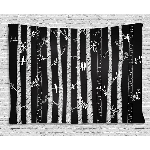Black and White Tapestry, Sketch Style Jungle with Long Tree Trunks and Birds Autumn Nature Doodle, Wall Hanging for Bedroom Living Room Dorm Decor, 60W X 40L Inches, Black White, by Ambesonne