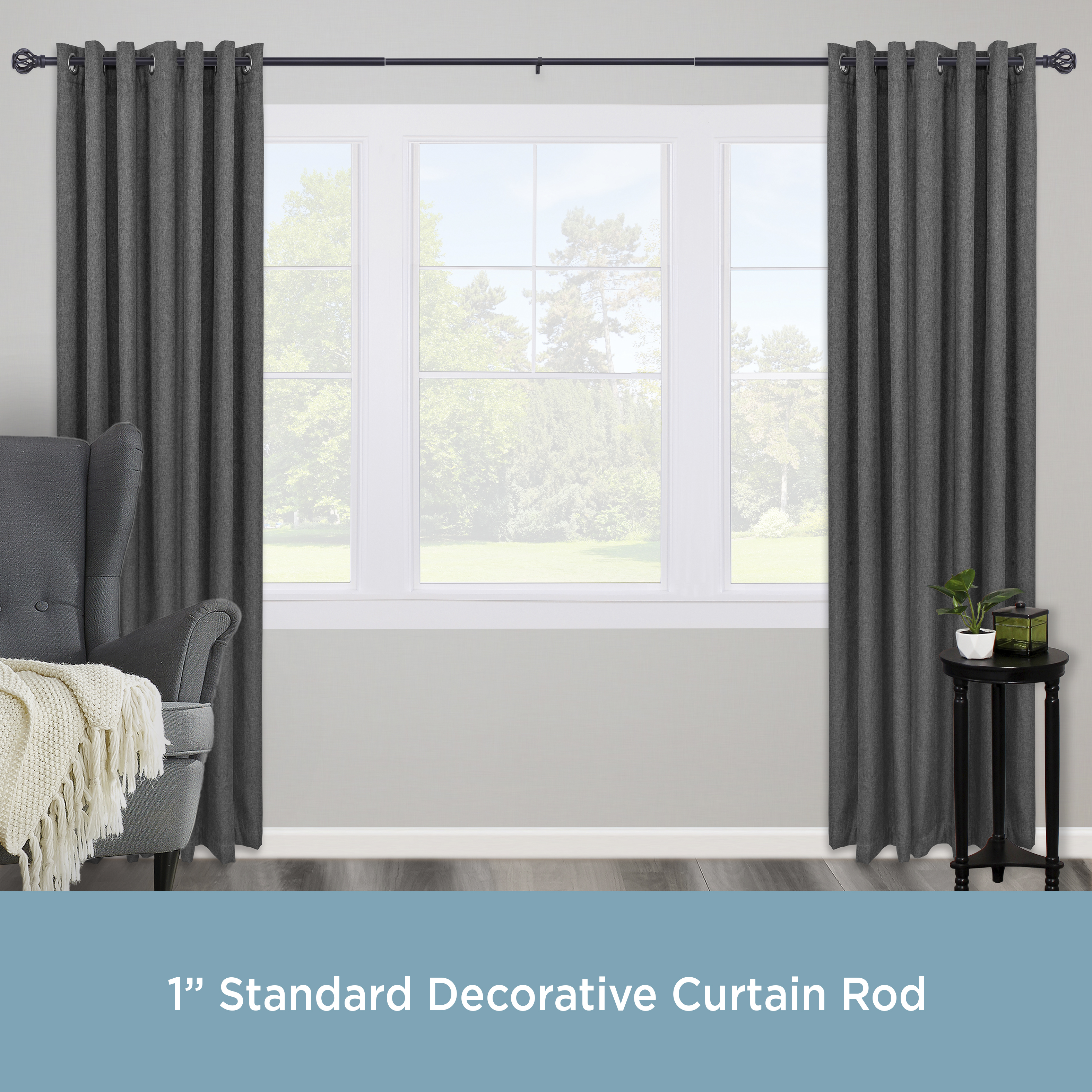Kenney Mary Premium Steel Decorative Window Curtain Rod, 90-130" Adjustable Length, 1" Dia., Matte Black
