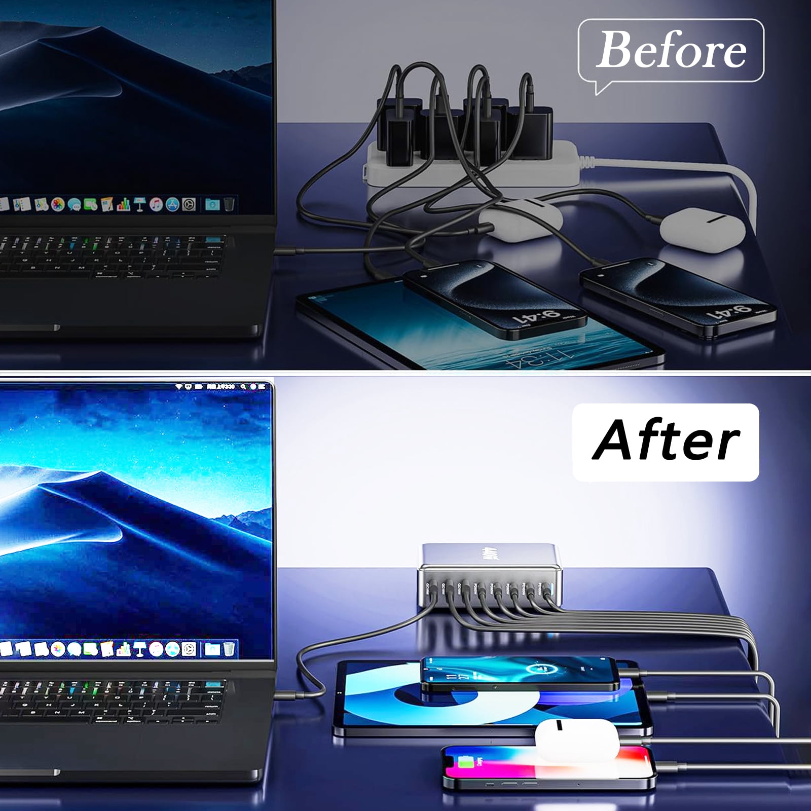 500W GaN 10-Port USB Type C Charging Station, 100W PD3.0 + QC3.0 Fast Charger Hub for Laptop, Phone, Tablet, Smartwatch - Safe & Reliable