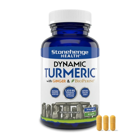 Stonehenge Health Dynamic Turmeric Curcumin Ginger Highest Potency Available. 1,650 mg Turmeric with 95% Curcuminoids & BioPerine® Supports Joint Health, 90 Vegetarian Capsules (1 Pack)