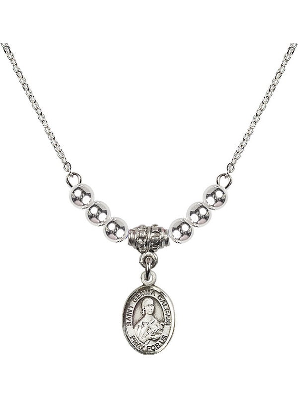 18-Inch Rhodium Plated Necklace with 4mm Crystal Birthstone Beads and Sterling Silver Saint Gemma Galgani Charm.