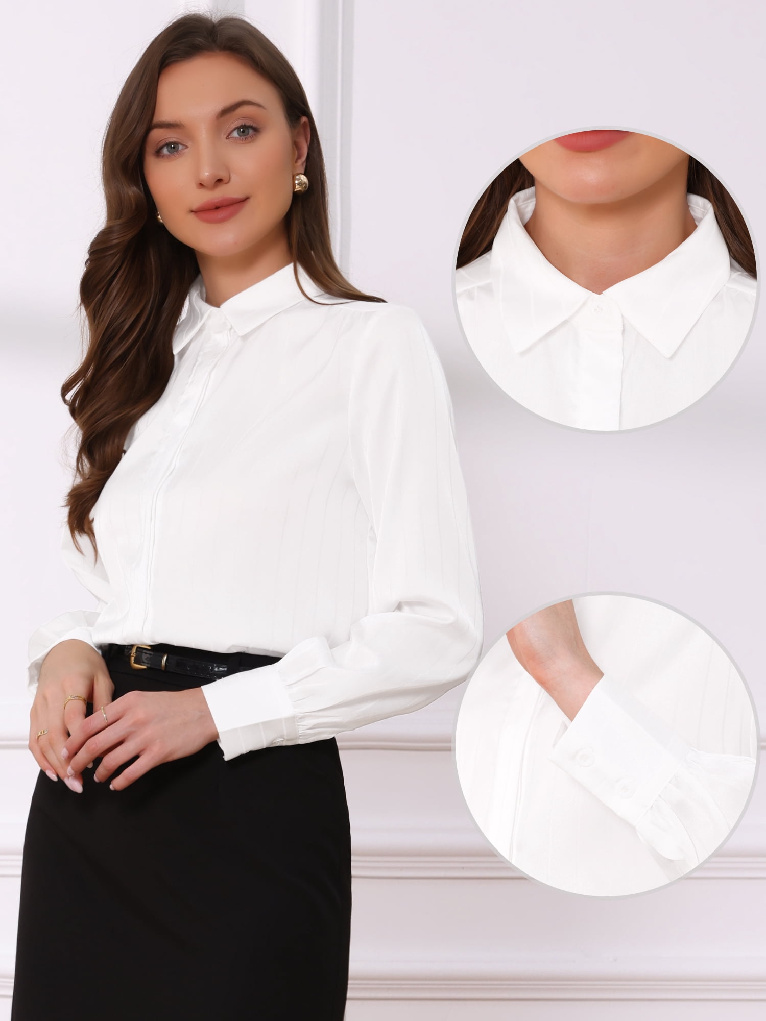DARING DIVA Women's Long Sleeve Collared Work Interview Formal Shirt Blouses XS White