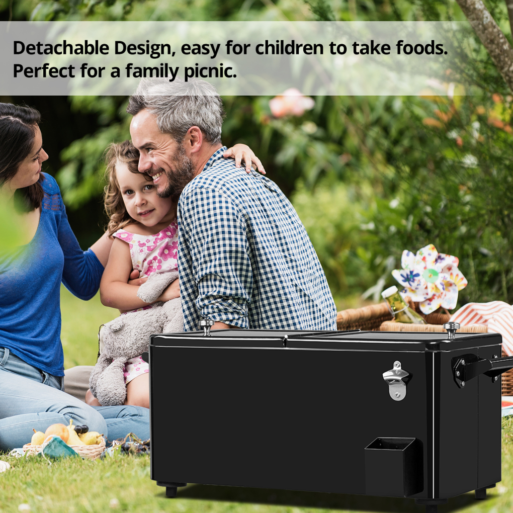80QT Insulated Cooler Cart, Rectangular Plastic Refrigeration with Opener and Cap Catcher, 2 Side Handles, Cooling 48 Hours, for Outdoor, Black