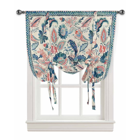 Teal Blue Red Ethnic Tie Up Curtains for Kitchen Bathroom Bedroom Windows 63 Inch Length, Boho Modern Geometric Abstract Art Balloon Drape Curtains Shade Rod Pocket Drapery Curtain Panel, 52"x45"