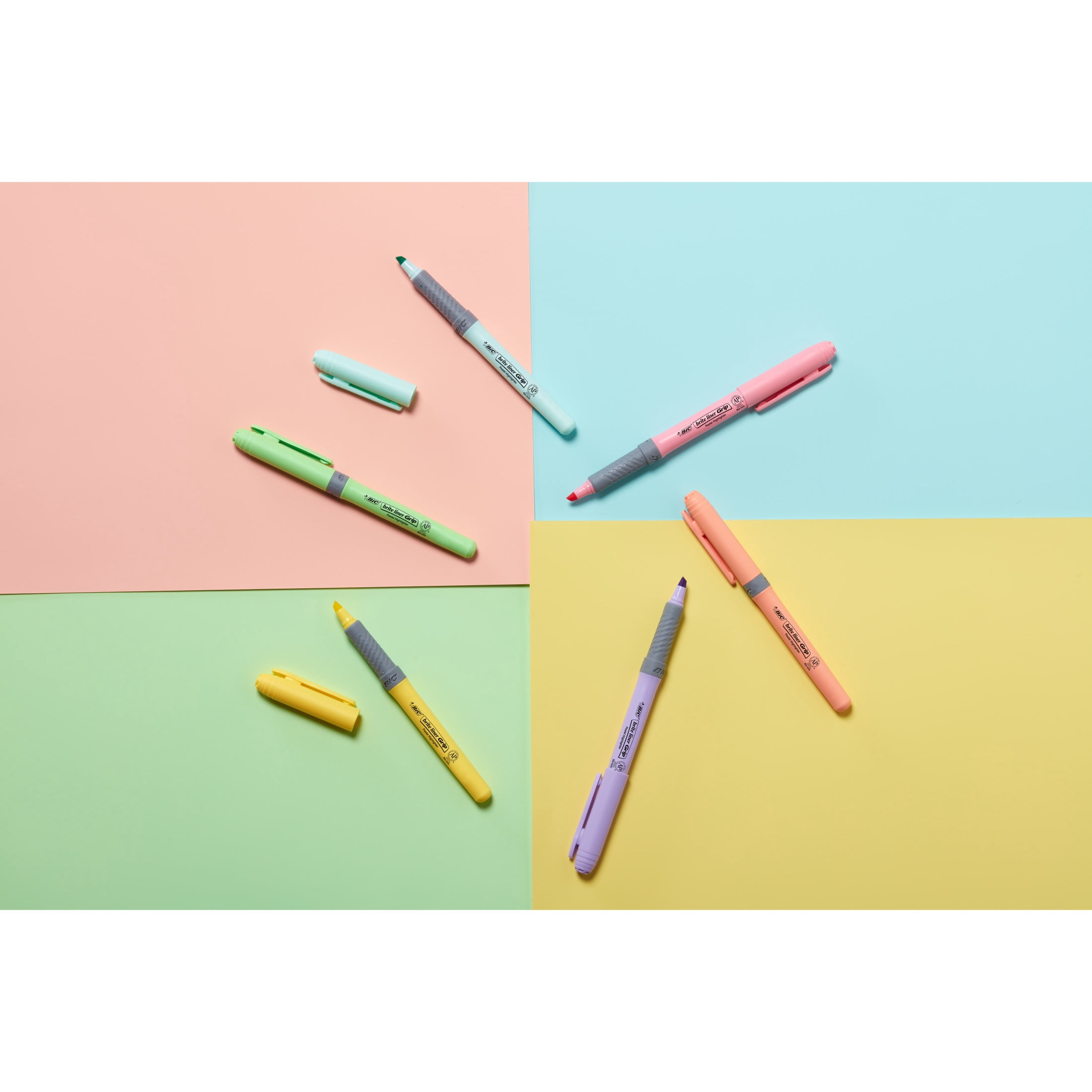 BIC Brite Liner Grip Pastel Highlighters, Chisel Point, Assorted Pastel Colors, 6 Count