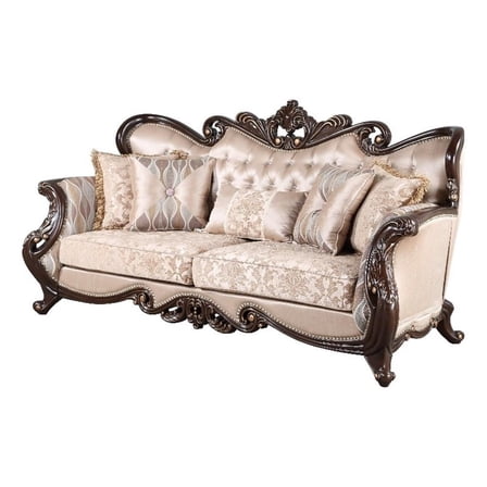 Benjara Cona 95" Sofa- Classic Gold Carved Details- Brown- Button Tufted Beige
