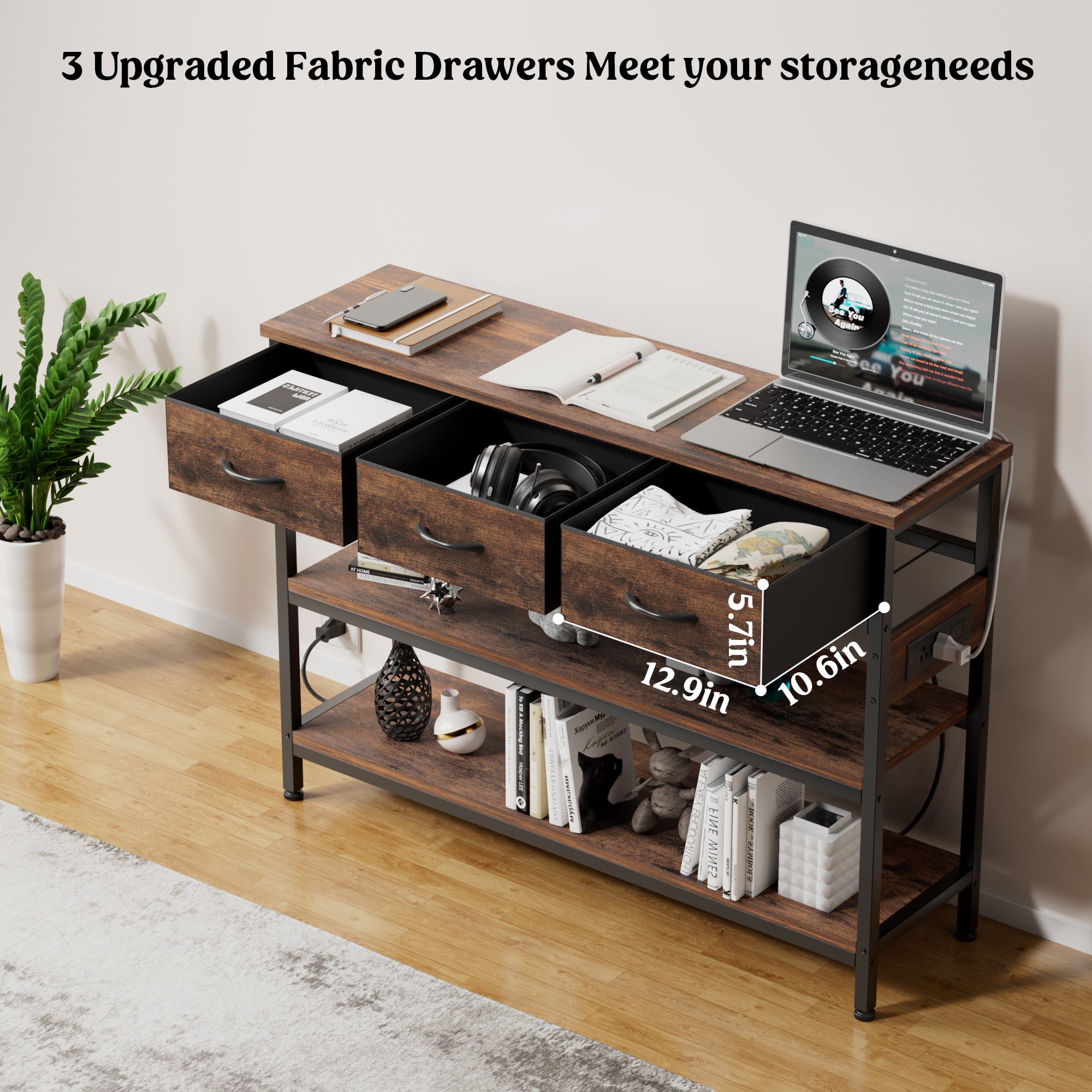 Aufeile 43" Narrow Console Table, Entryway Table with 3 Drawers and Outlets, Fabirc Sofa Table with Open Shelves for Couch, Hallway, Foyer, Living Room, Brown