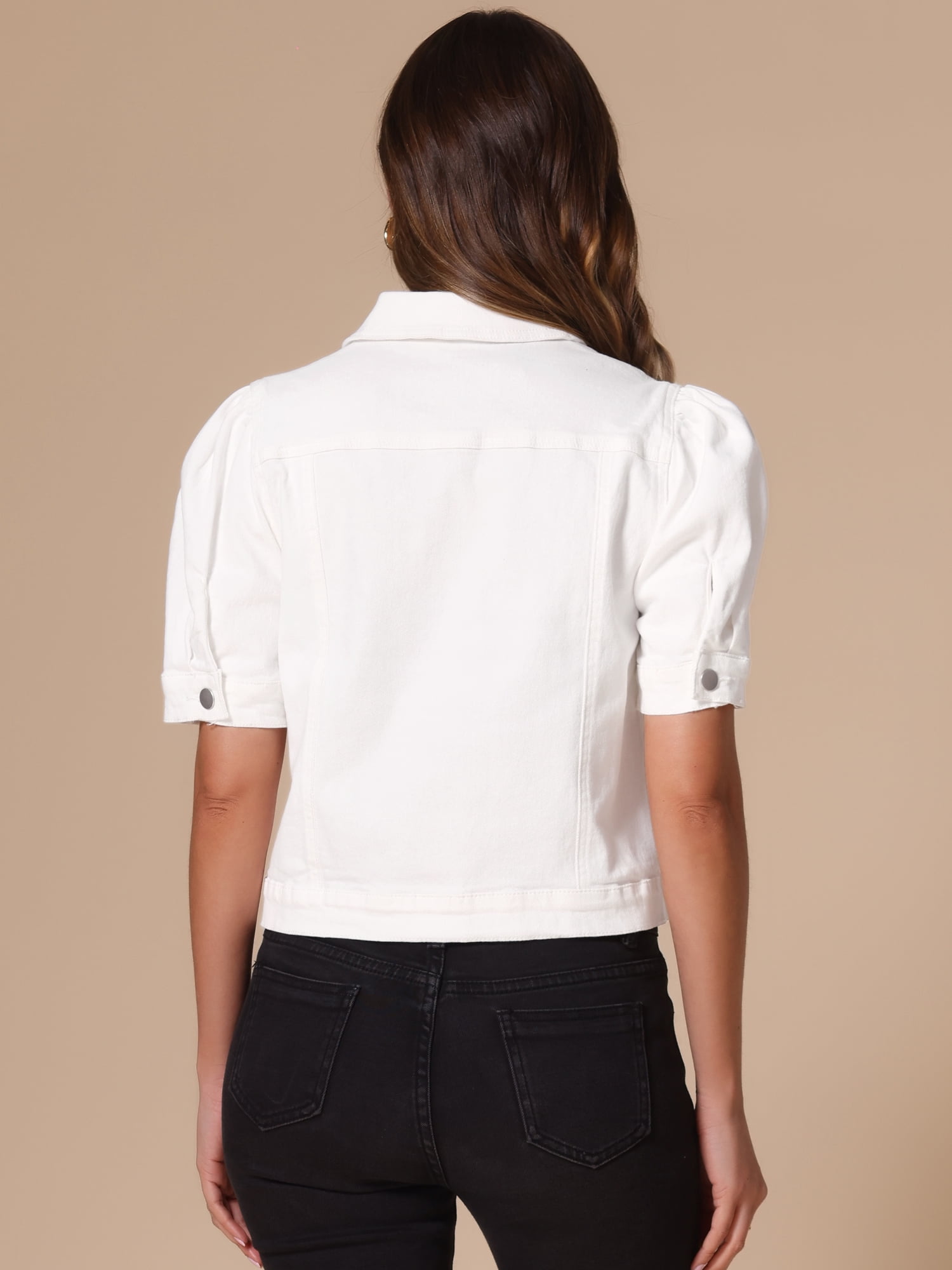 DARING DIVA Women's Short Puff Sleeves Button-Down Denim Jacket M White