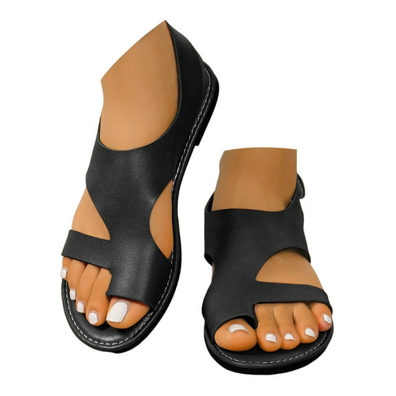 Dakaela Women's Leather Sandals Arch Support Flat Flip Flops Comfort Casual Footbed Walking Shoes Black 6.5