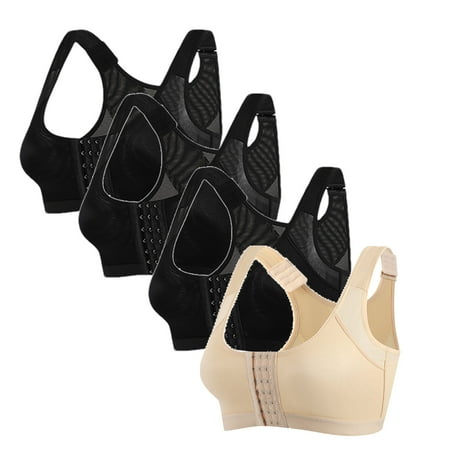 JGTDBPO 4PC Front Closure Bras For Women No Underwire Plus Size Full Coverage Bras Front Snap Bras Post Surgery Front Closure Brassiere Sports Bra Zip Wireless Minimizer Bra