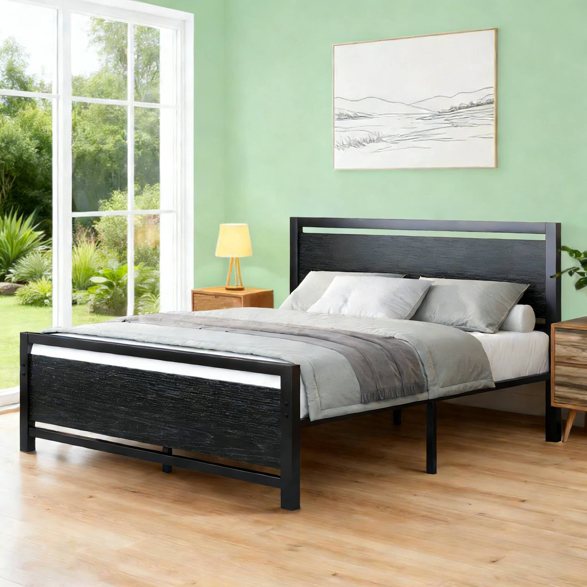 4 EVER WINNER Queen Bed Frames with Headboard, Industrial Style Queen Bed Frame with Storage, Queen Size Bed Frames with Wooden Footboard, No Box Spring Needed, Noise-Free, Easy Assembly, Black Brown