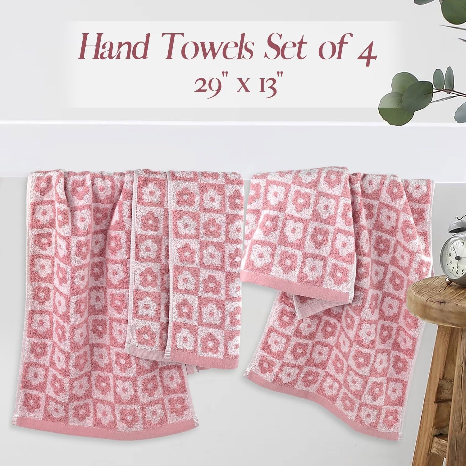 Cotton Hand Towels Pink Checkered Floral - Quick Drying Hand Towel Set of 4, for Women Girls Wife Mom Daughters, 29" x 13"