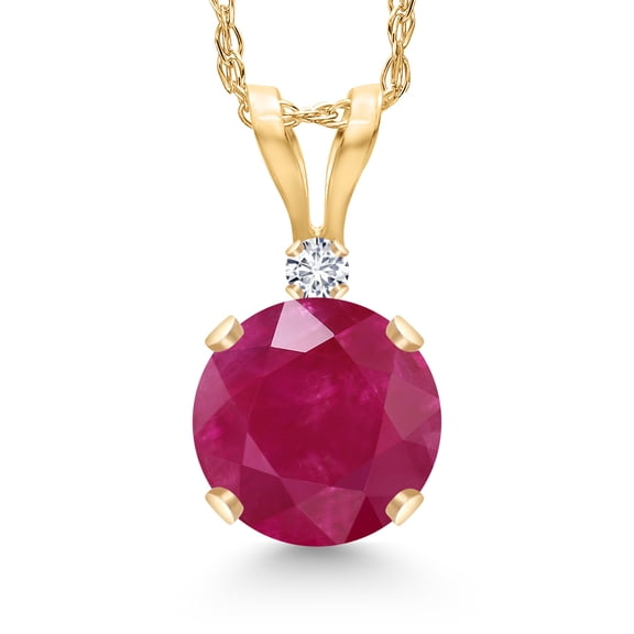 Gem Stone King 14K Yellow Gold Red Ruby and White Diamond Pendant Necklace for Women | 1.02 Cttw | Gemstone July Birthstone | Round 6MM | With 18 inch Chain