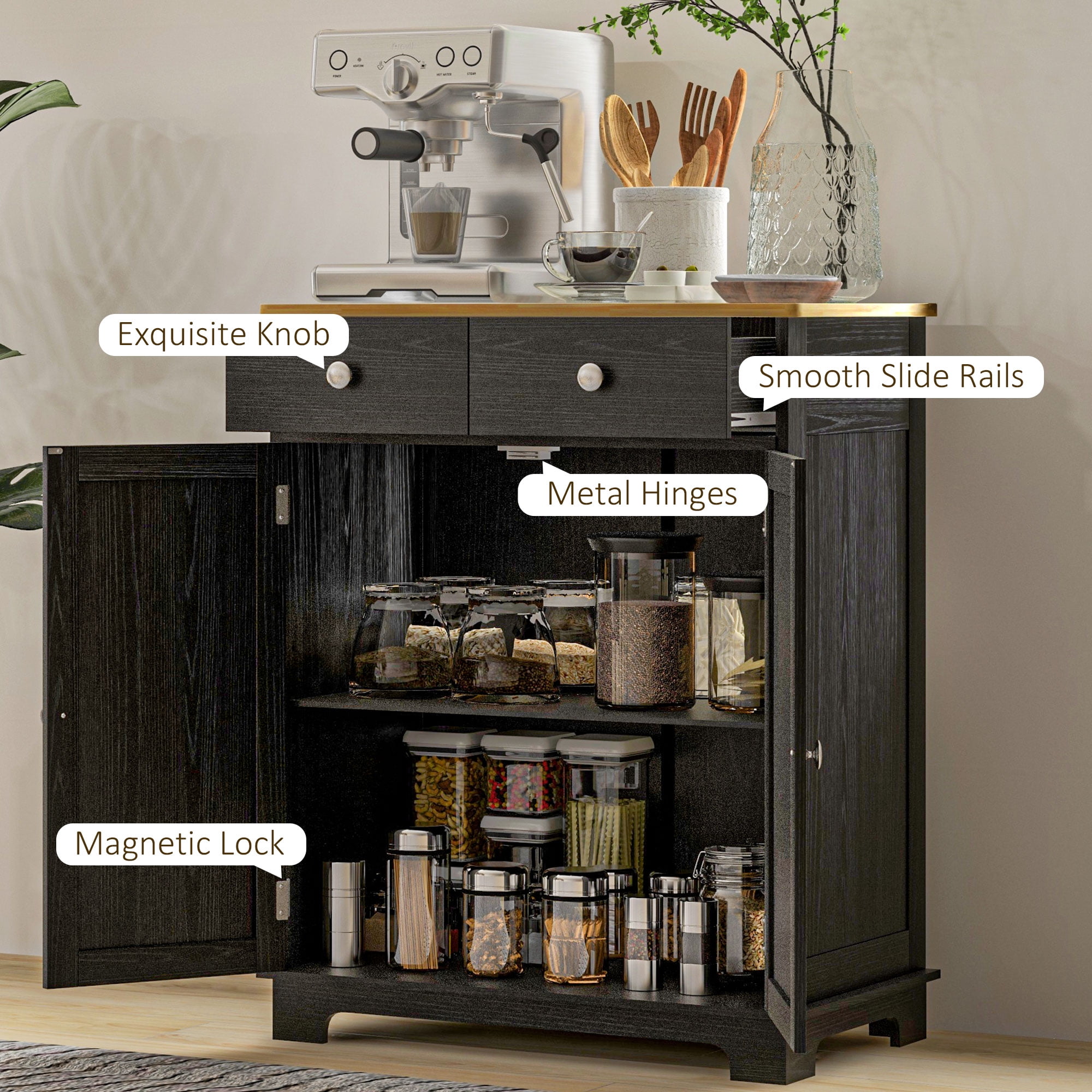 HOQBN Storage Sideboard Cabinet with Solid Wood Top, Adjustable Shelf and 2 Drawers, Multipurpose Buffet Furniture for Kitchen, Dining Room and Living Room, Distressed Black