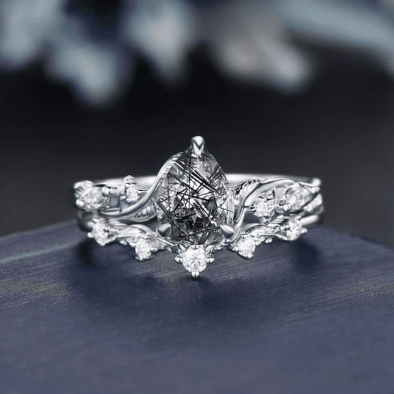 Black Rutilated Quartz Engagement Ring Set- 925 Sterling Silver- Leaf Nature Inspired Black Crystal Ring