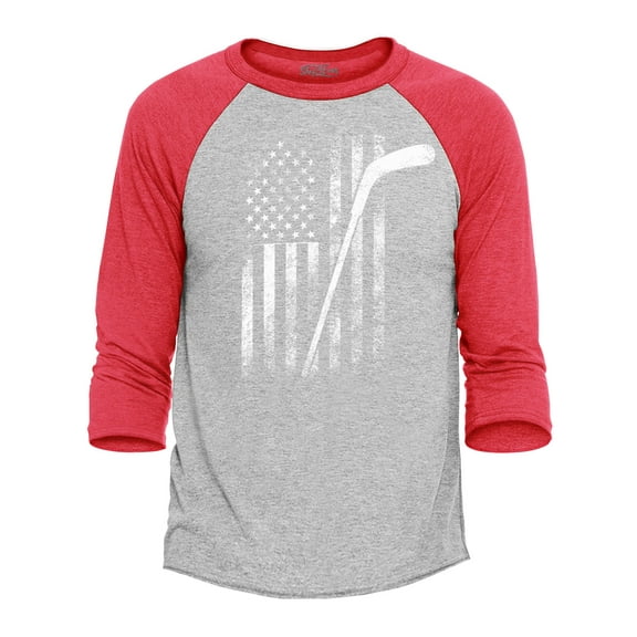 Shop4Ever Men's Distressed Hockey American Flag Patriotic Sports Raglan Baseball Shirt Small Heather Grey/Red