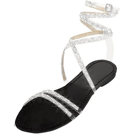 

Sandals for Women Casual Cute Shiny Crystal Lace Up Sandals Wrap up Ankle Strap Flat Sandals Rhinestone Strappy Flat Sandal