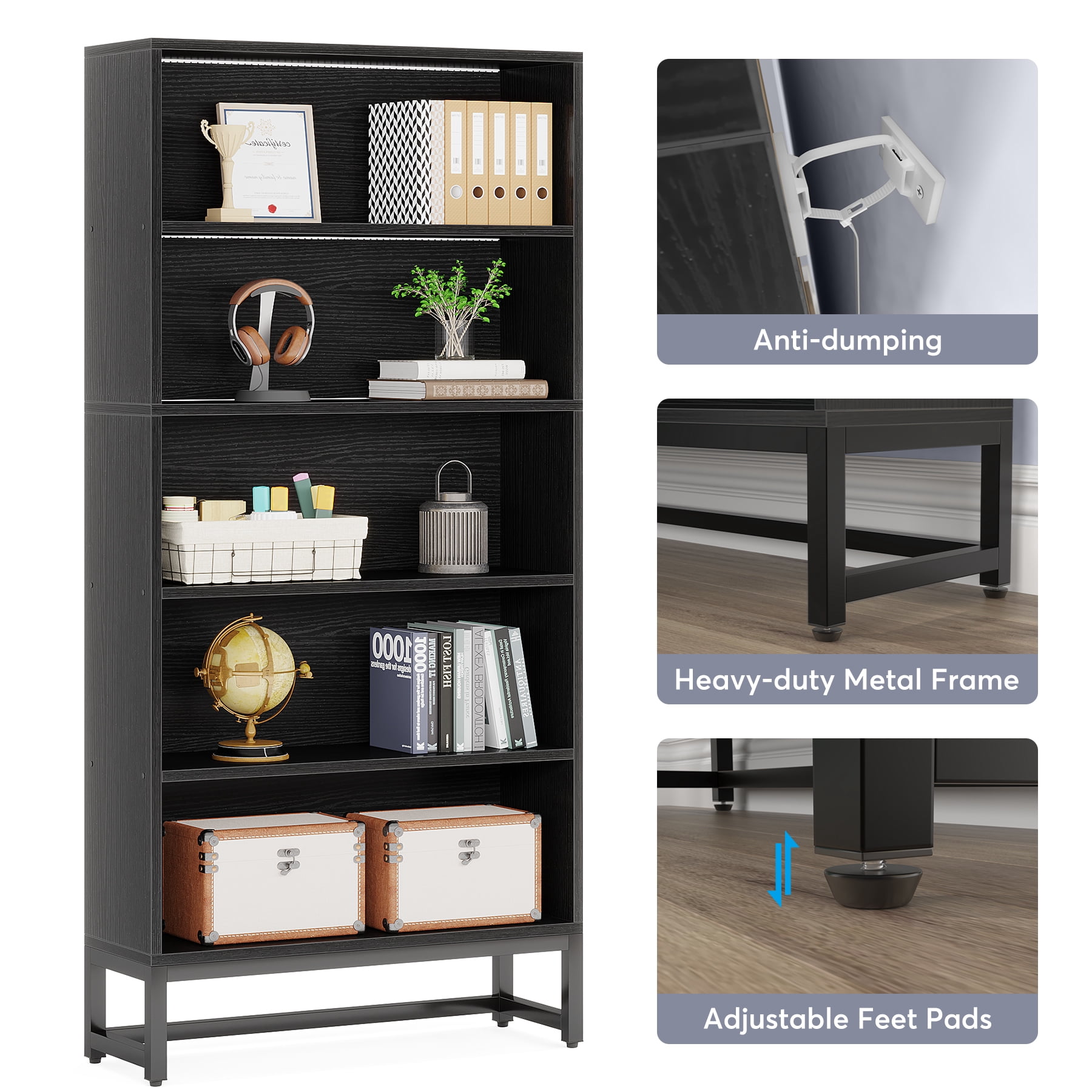Tribesigns 70.8" Tall Bookcase with LED Lights, 5-Tier Large Bookshelf Heavy Duty Bookcases Organizer Free-Standing Library Bookshelf, Black