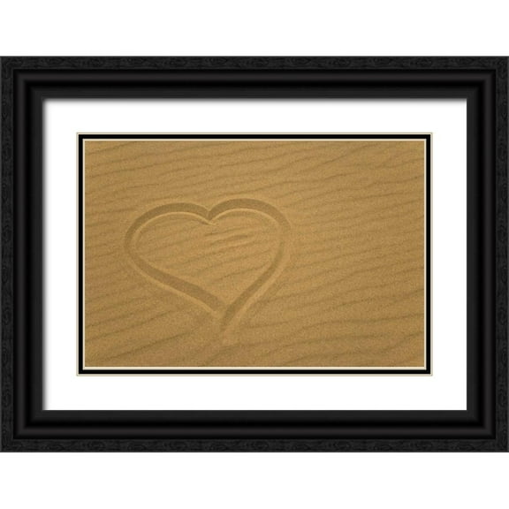 Paulson, Don 32x23 Black Ornate Wood Framed with Double Matting Museum Art Print Titled - Heart outline drawn in sand