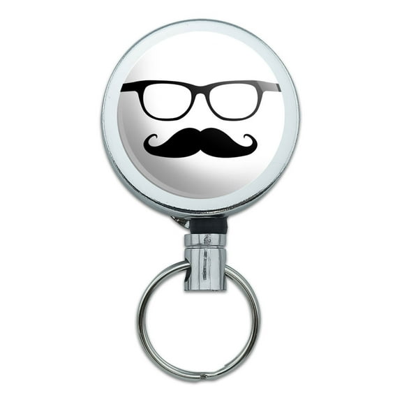 Hipster Glasses Mustache Retractable Belt Clip Badge Key Holder