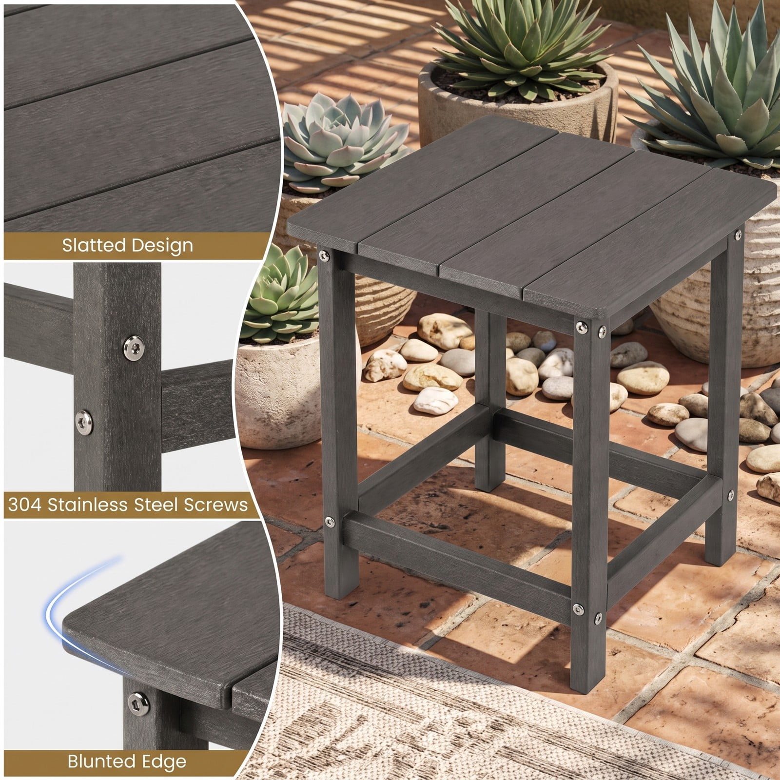Furnibear Set of 2 14 Inch Square Weather Resistant HDPE Adirondack Side Tables for the Patio Porch Deck and Garden, Gray