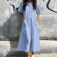 thumbnail image 2 of Vestido camisero largo con bolsillos y manga corta liso para mujer, poliéster spandex, estilo informal similar al lino, tallas S-XXXXXL, 2 of 5