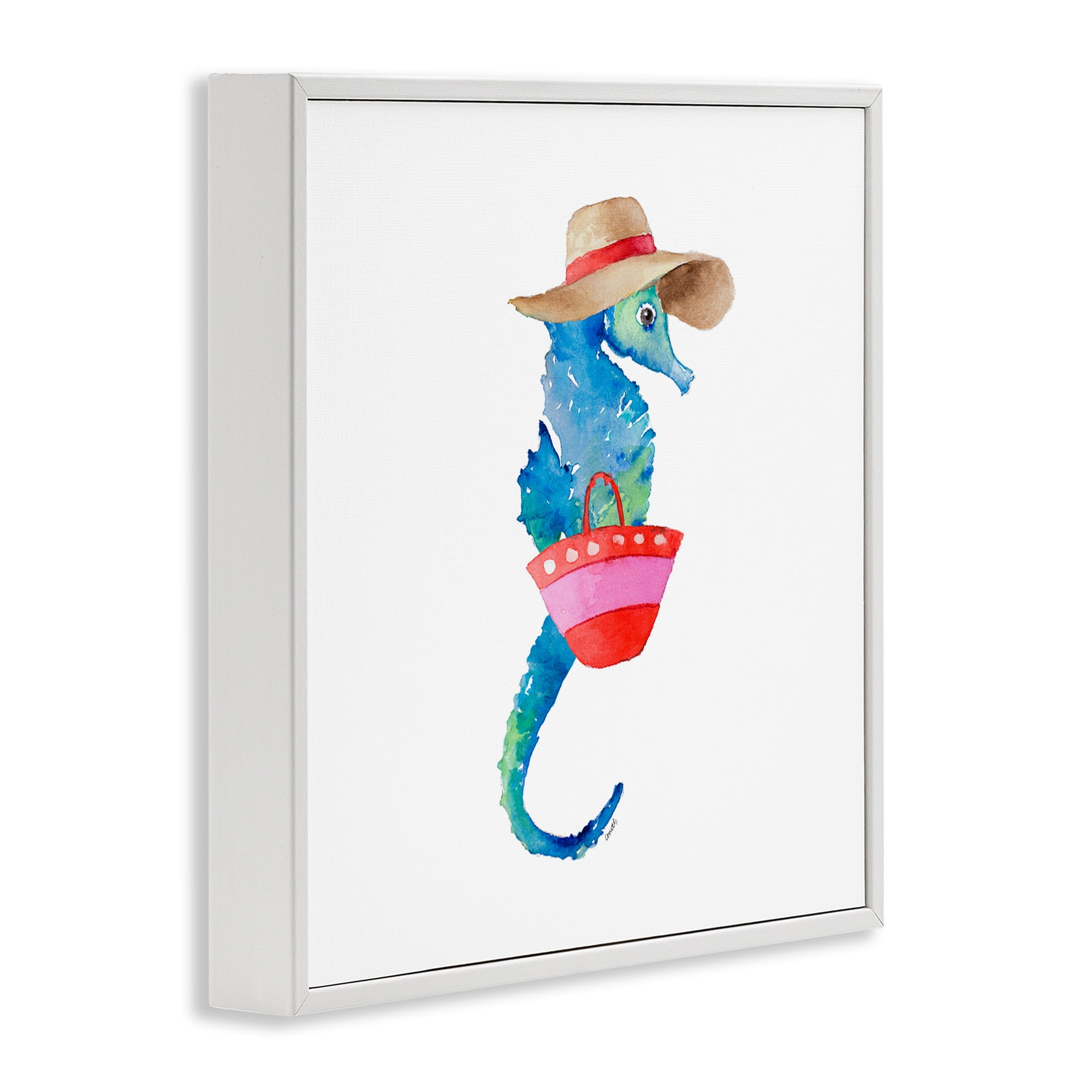 Stupell Industries Seahorse in Beach Hat Novelty Painting White Framed Art Print Wall Art, 17 x 17
