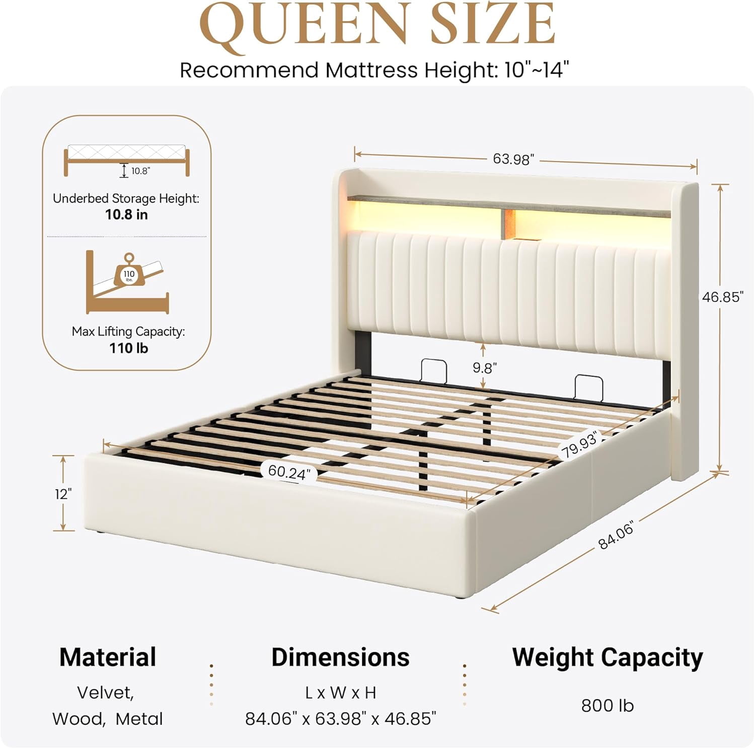 SHA CERLIN Queen Size Lift Up Storage Bed Frame, LED Lights, Charging Station, 2-Tier Shelves Headboard, USB Type-C Ports, Velvet Upholstered, Hydraulic Support, Noise Free, Cream