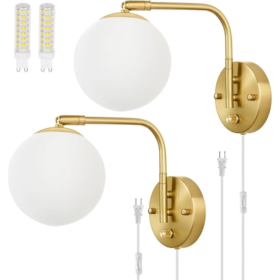 Dimmable Wall Sconces Plug in, Swing Arm Wall Lights with Plug in Cord and Dimmer On/Off Knob Switch, Dimmable Wall Light with Milky White Glass Globe Shade(2 Bulbs Included)