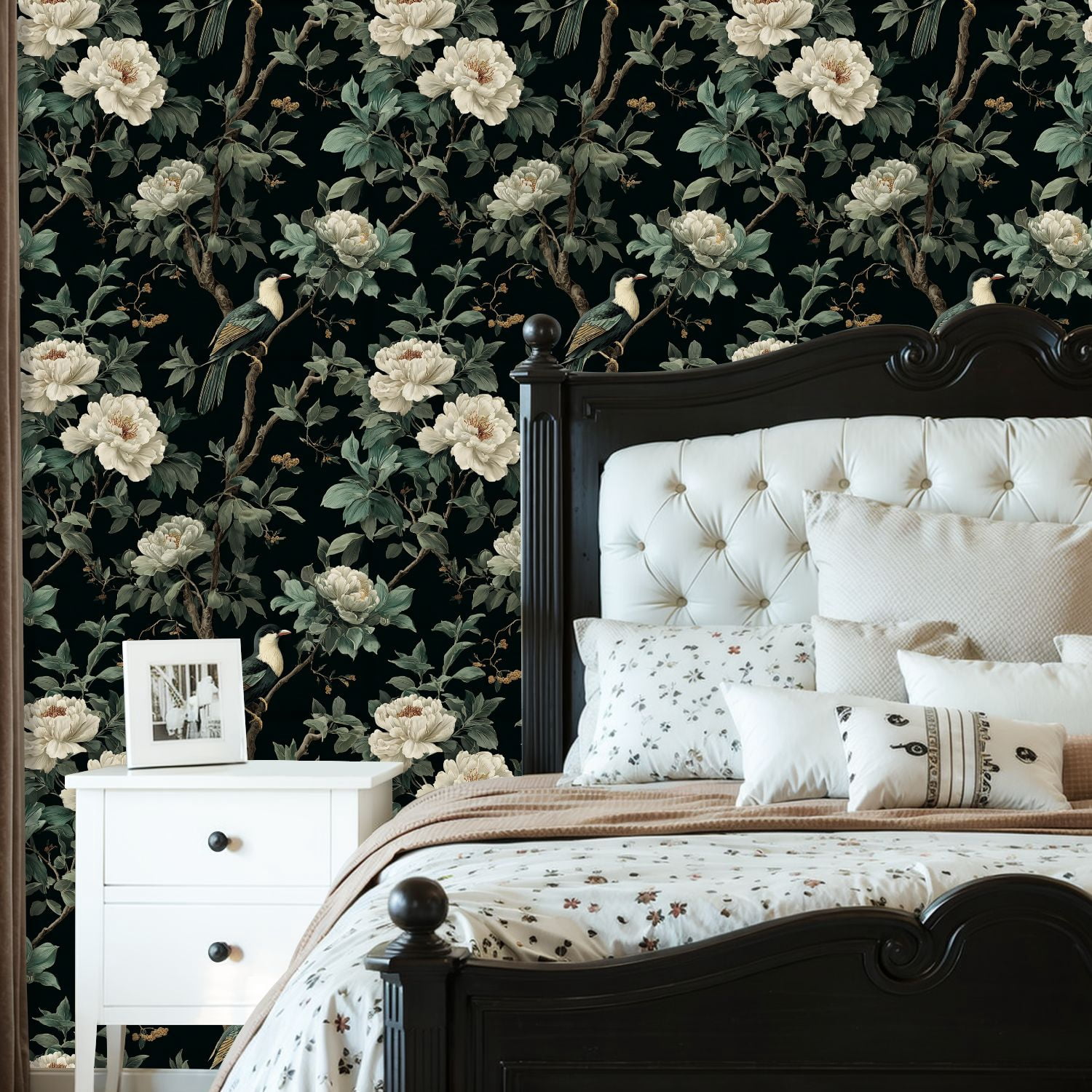 Peel and Stick Wallpaper Vintage Botanical White Peonies Birds Dark Green Wall Mural 23.6in x 9.8ft Self Adhesive Removable Wall Paper Renter Friendly Wallpaper for Girls Women Bedroom Livingroom