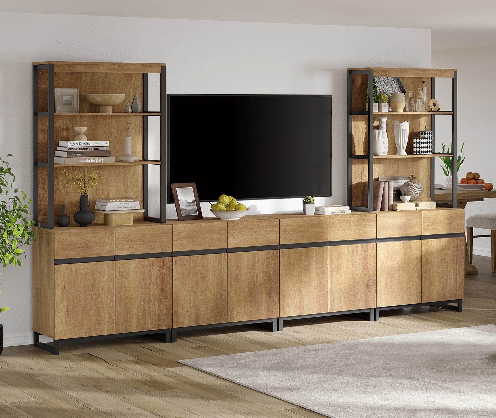 WAMPAT Modern TV Stand with 3 Tiers Bookshelf, Farmhouse Entertainment Center with 4 Large Storage Cabinets and Adjustable Shelf, Wooden Media TV Console with Black Metal Leg for Living Room, Oak