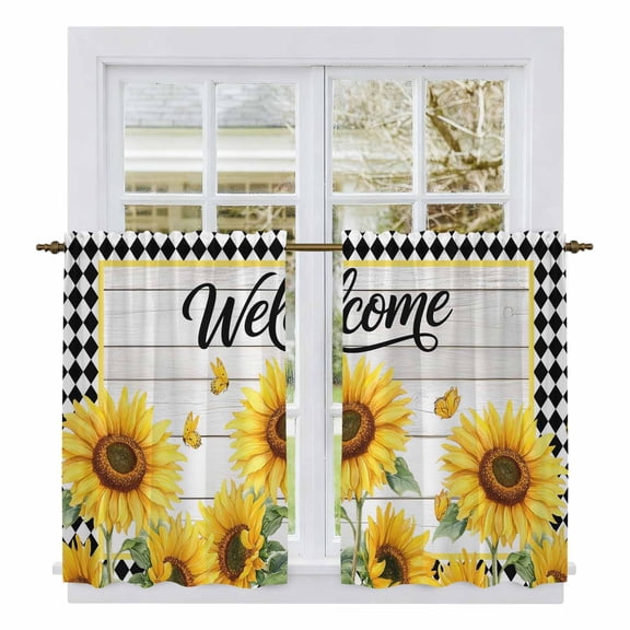Welcome Sunflowers Kitchen Curtains 45 Inch Length, Floral Black Checker Rustic Wooden Tiers Curtains for Bathroom Bedroom Cafe, Light Filtering Small Window Treatment Short Drapes 2 Panels 42"Wx45"L